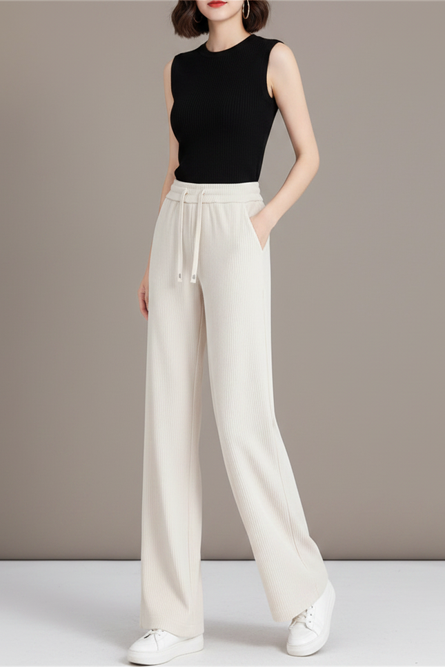 Pantalon Fluide Crème Ample Côtelé Taille Haute Décontracté - Beige Cordé