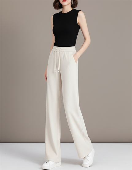 Pantalon Fluide Crème Ample Côtelé Taille Haute Décontracté - Beige Cordé