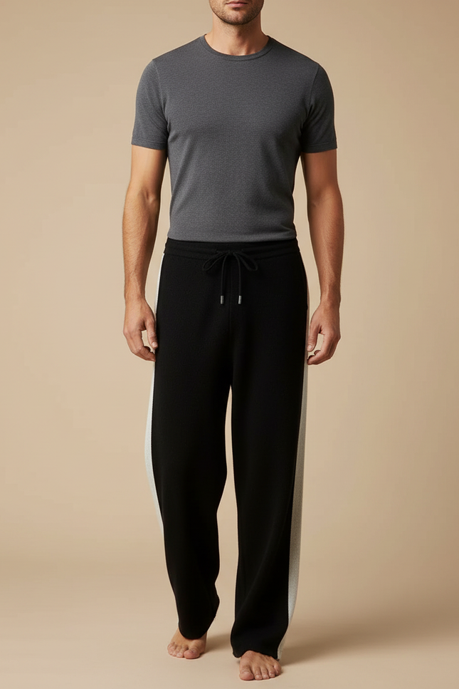 Pantalon Fluide Noir Laine Mérinos Jacquard Décontracté