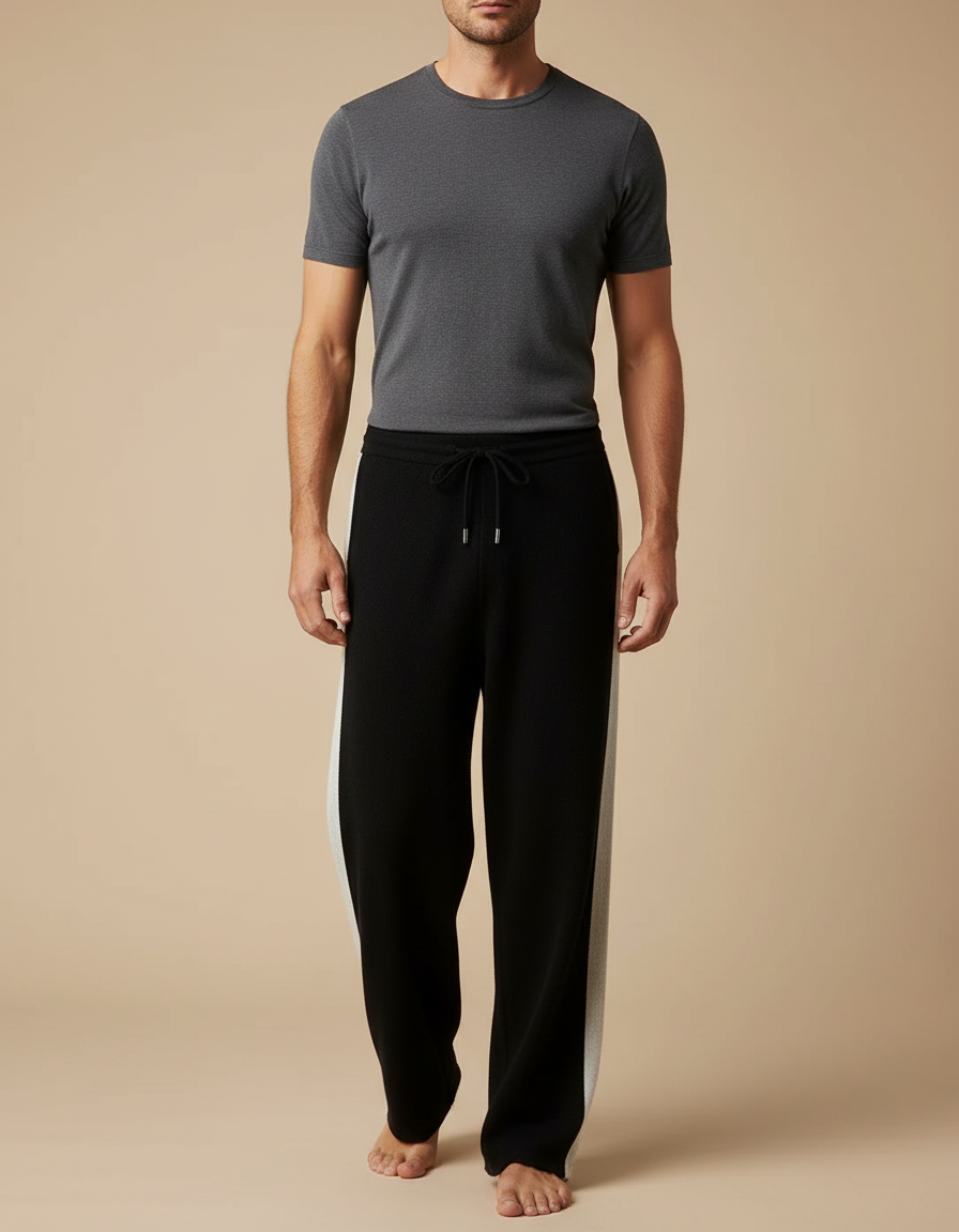 Pantalon Fluide Noir Laine Mérinos Jacquard Décontracté