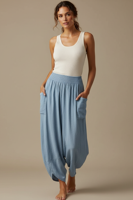 Pantalon Fluide Bleu Ciel Ample Lin Harem Confortable