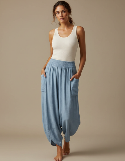 Pantalon Fluide Bleu Ciel Ample Lin Harem Confortable