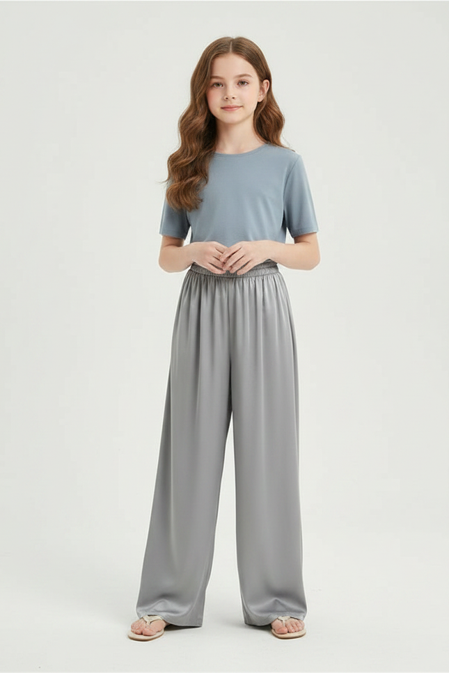 Pantalon Fluide Satiné Gris Ample Confortable Fille