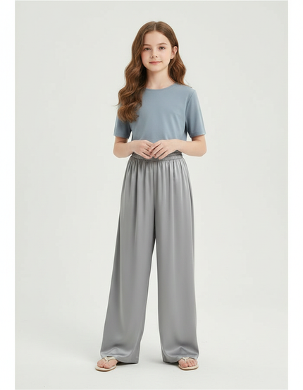 Pantalon Fluide Satiné Gris Ample Confortable Fille