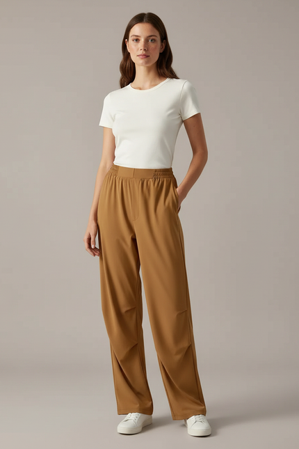 Pantalon Fluide Marron Ample Taille Élastiquée Décontracté - Polyester