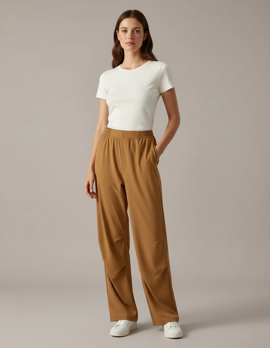 Pantalon Fluide Marron Ample Taille Élastiquée Décontracté - Polyester