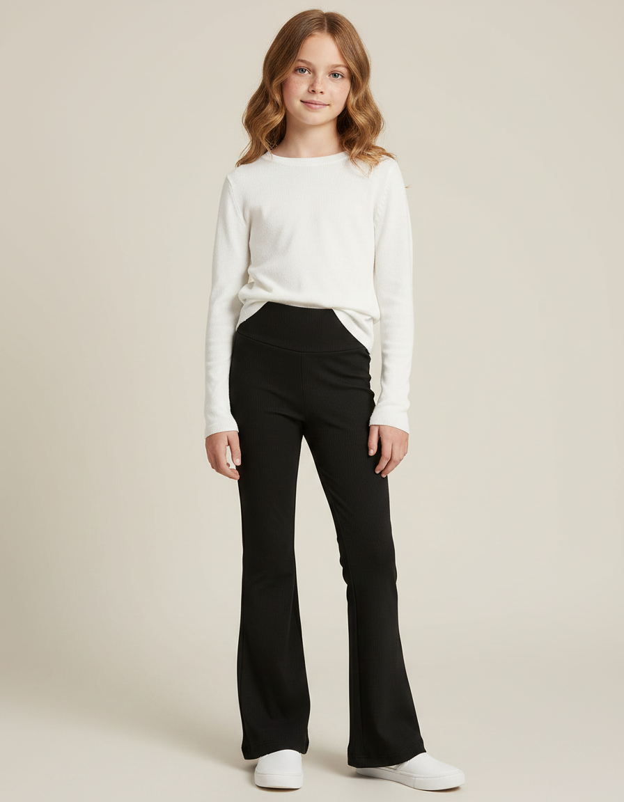 Pantalon Fluide Fille Noir Taille Haute - Maille