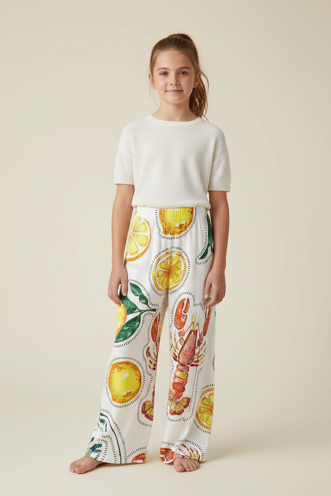 Pantalon Fluide Blanc Imprimé Citrons Homard Ample - Satin