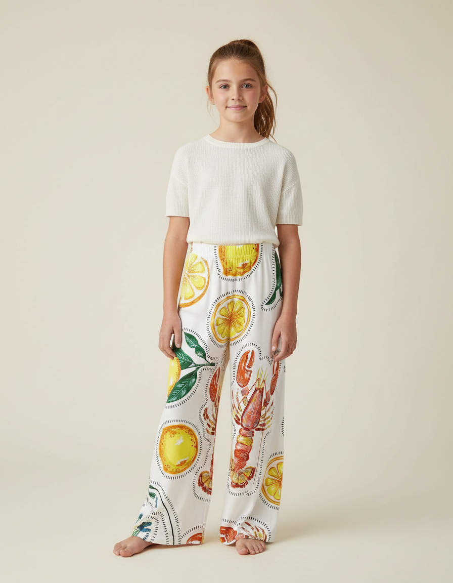 Pantalon Fluide Blanc Imprimé Citrons Homard Ample - Satin