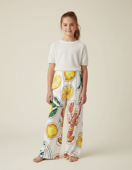 Pantalon Fluide Blanc Imprimé Citrons Homard Ample - Satin