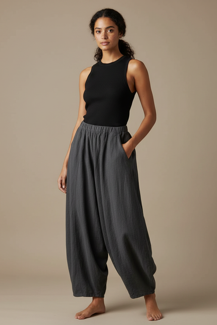 Pantalon Fluide Gris Ample Coton Lin Femme
