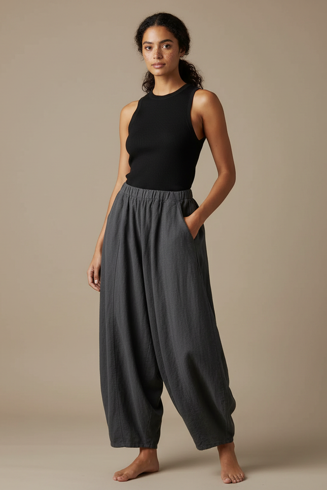 Pantalon Fluide Gris Ample Coton Lin Femme
