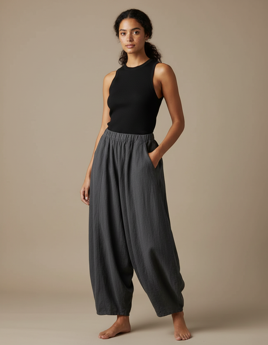 Pantalon Fluide Gris Ample Coton Lin Femme