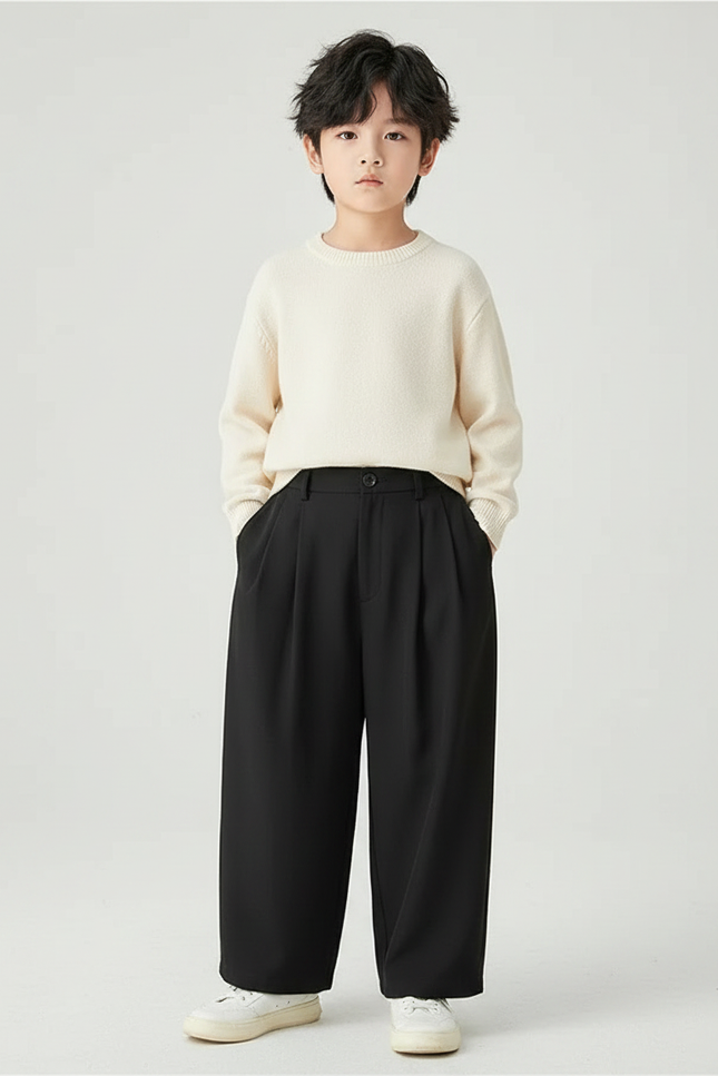 Pantalon Fluide Noir Ample Plissé Élégant Enfant - Polyester