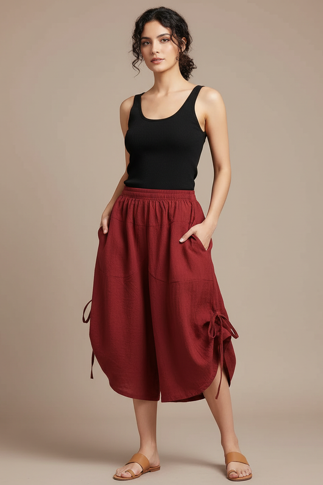 Pantalon Fluide Rouge Ample Coton Taille Haute - Bordeaux Lin