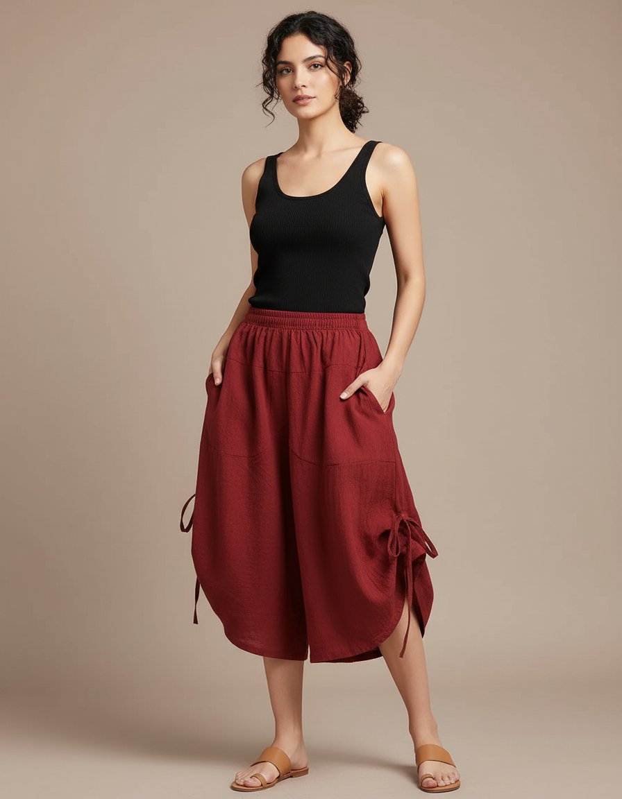 Pantalon Fluide Rouge Ample Coton Taille Haute - Bordeaux Lin