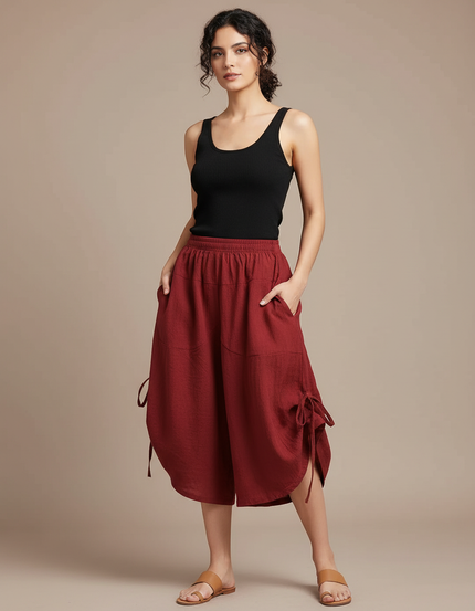 Pantalon Fluide Rouge Ample Coton Taille Haute - Bordeaux Lin
