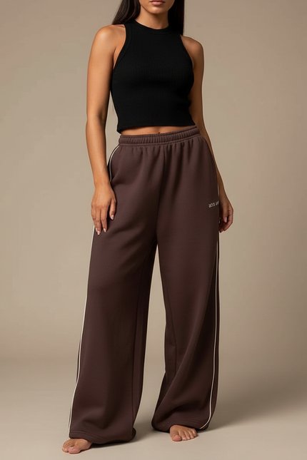 Pantalon Fluide Marron Ample Rayures Latérales Décontracté - Molleton