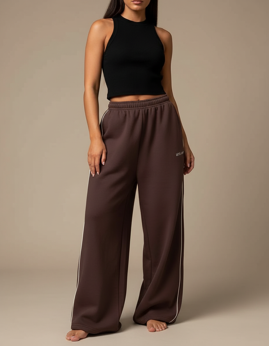 Pantalon Fluide Marron Ample Rayures Latérales Décontracté - Molleton