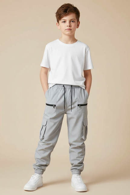 Pantalon Fluide Gris Ample Cargo Zippé Enfant - Polyester