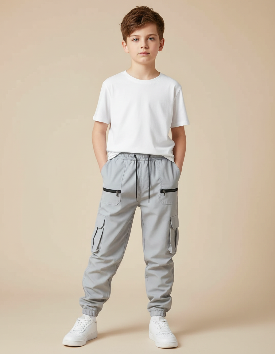 Pantalon Fluide Gris Ample Cargo Zippé Enfant - Polyester