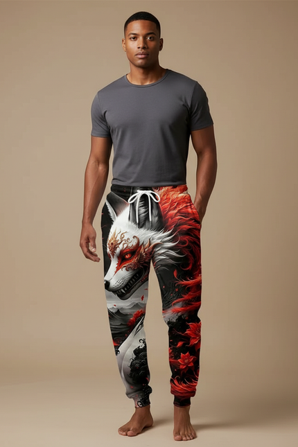 Pantalon Fluide Noir Imprimé Renard Rouge Ample Décontracté - Molleton