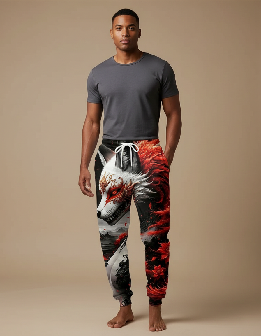 Pantalon Fluide Noir Imprimé Renard Rouge Ample Décontracté - Molleton