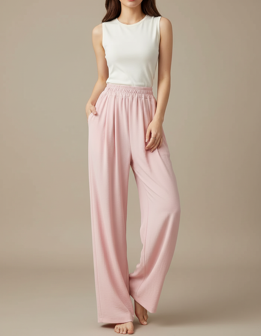 Pantalon Fluide Rose Drapé Ample Taille Haute Décontracté - Viscose