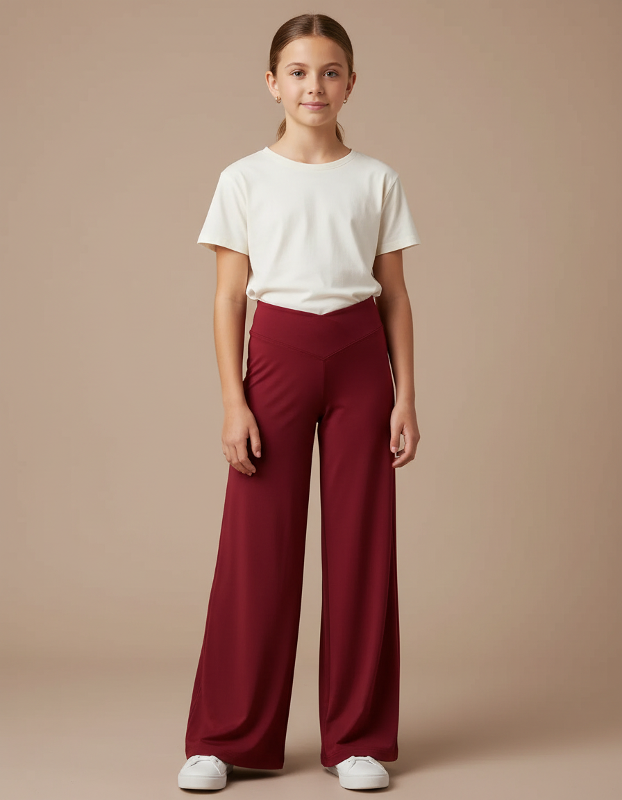 Pantalon Fluide Bordeaux Ample Taille Haute Confortable Fille - Viscose