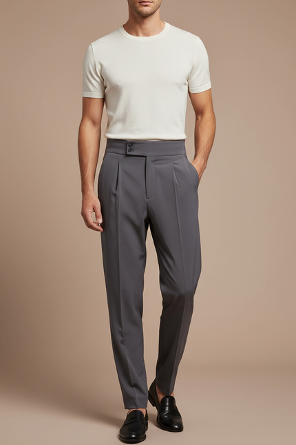 Pantalon Fluide Gris Taille Haute Plissé Élégant - Polyester