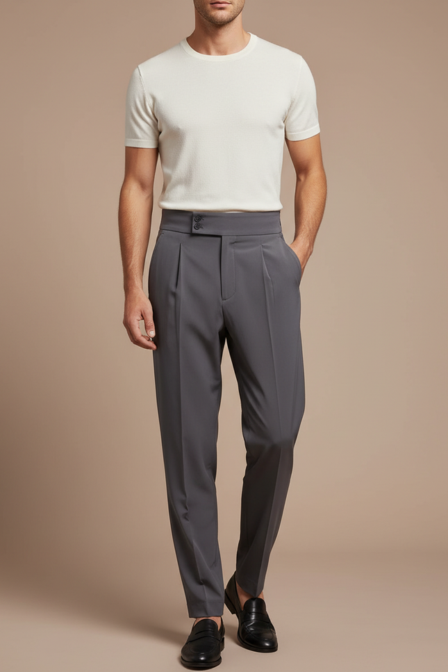 Pantalon Fluide Gris Taille Haute Plissé Élégant - Polyester