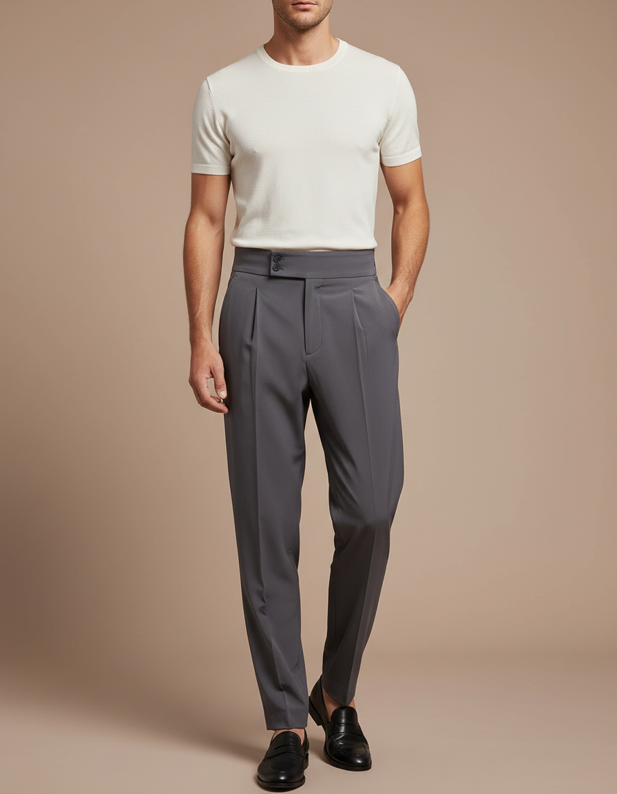 Pantalon Fluide Gris Taille Haute Plissé Élégant - Polyester