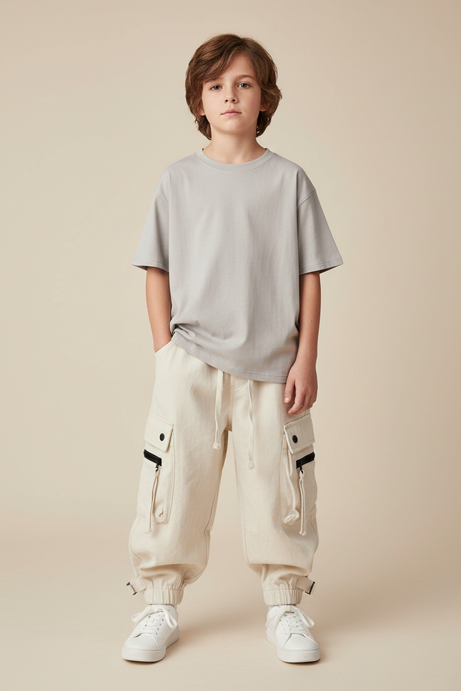 Pantalon Fluide Cargo Ample Crème Décontracté Garçon - Beige Toile