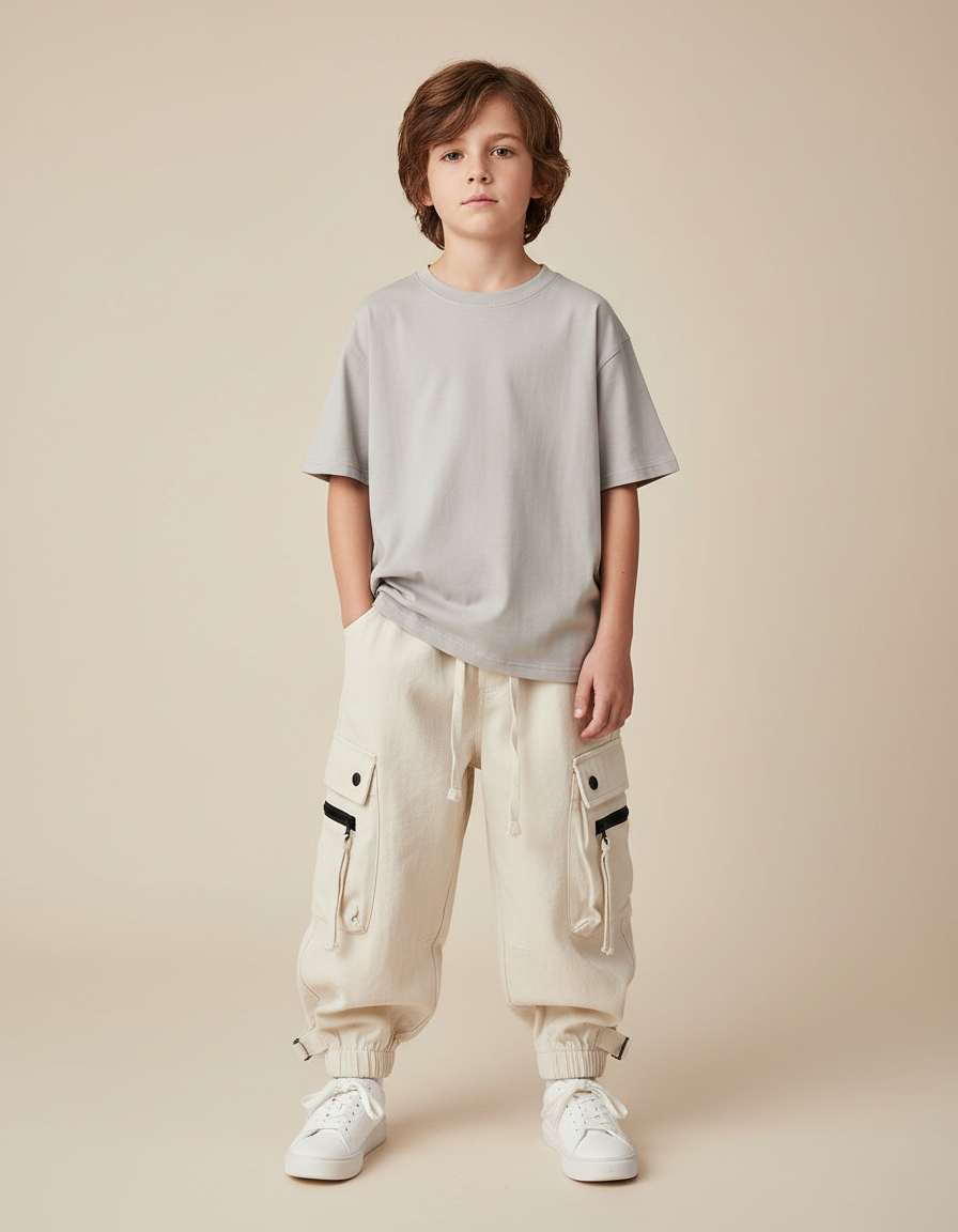Pantalon Fluide Cargo Ample Crème Décontracté Garçon - Beige Toile