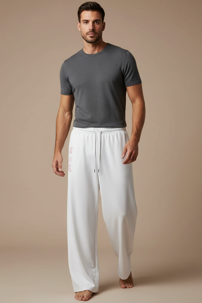 Pantalon Fluide Blanc Ample Imprimé Sakura Cordon Homme - Polyester