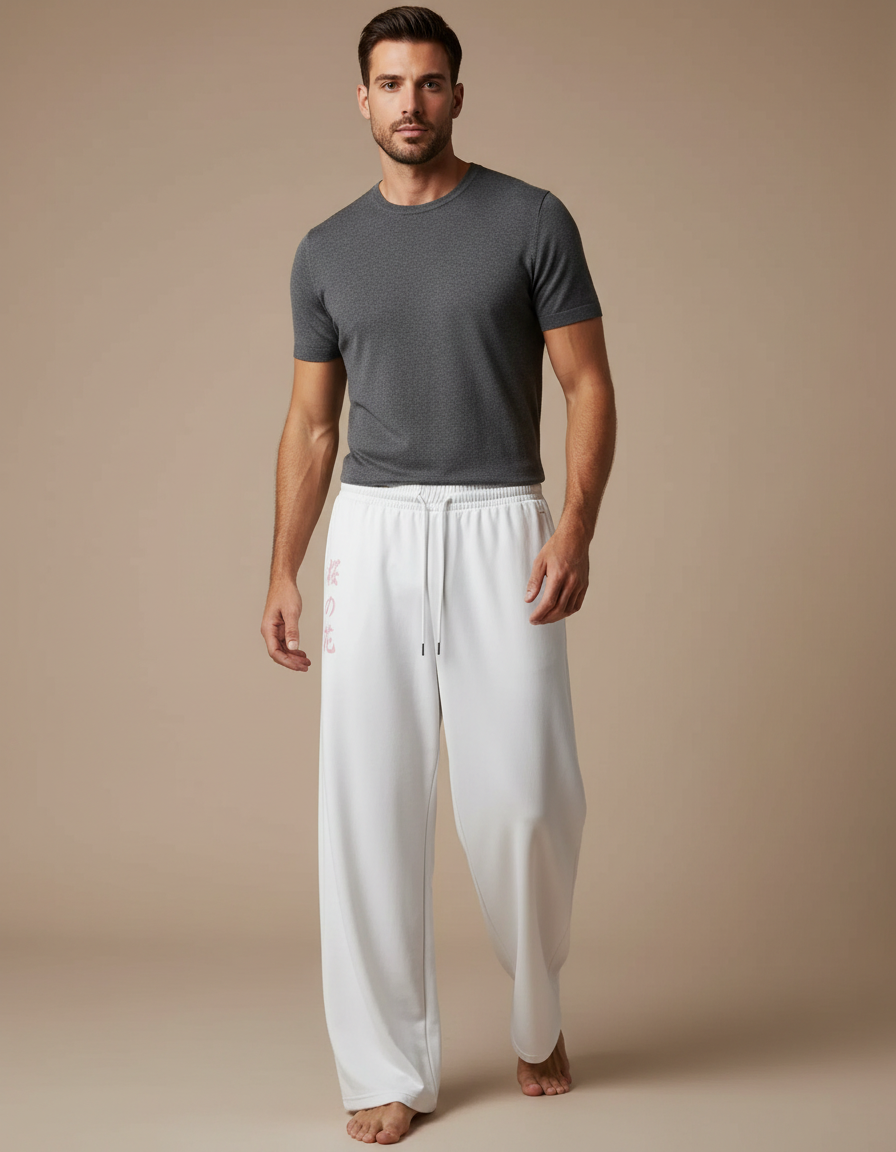 Pantalon Fluide Blanc Ample Imprimé Sakura Cordon Homme - Polyester