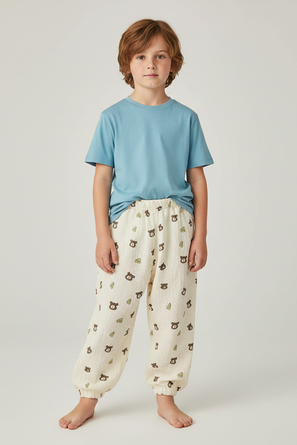 Pantalon Fluide Écru Ample Motif Ours Fromage Enfant - Beige Coton