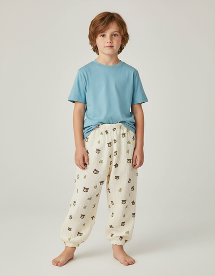 Pantalon Fluide Écru Ample Motif Ours Fromage Enfant - Beige Coton