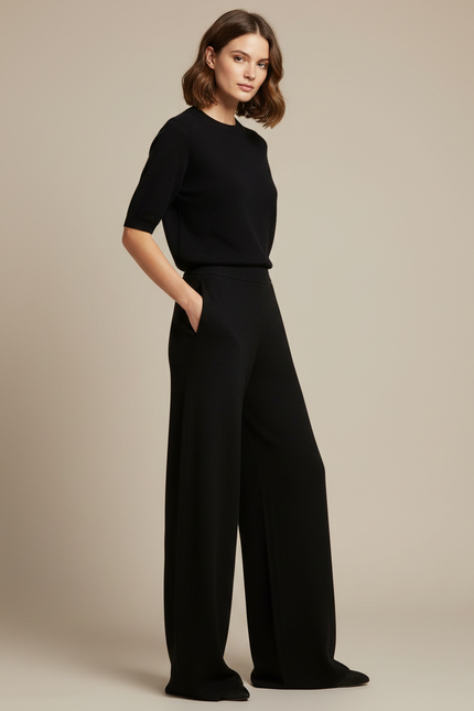 Pantalon Fluide Noir Ample Maille Élégant Femme