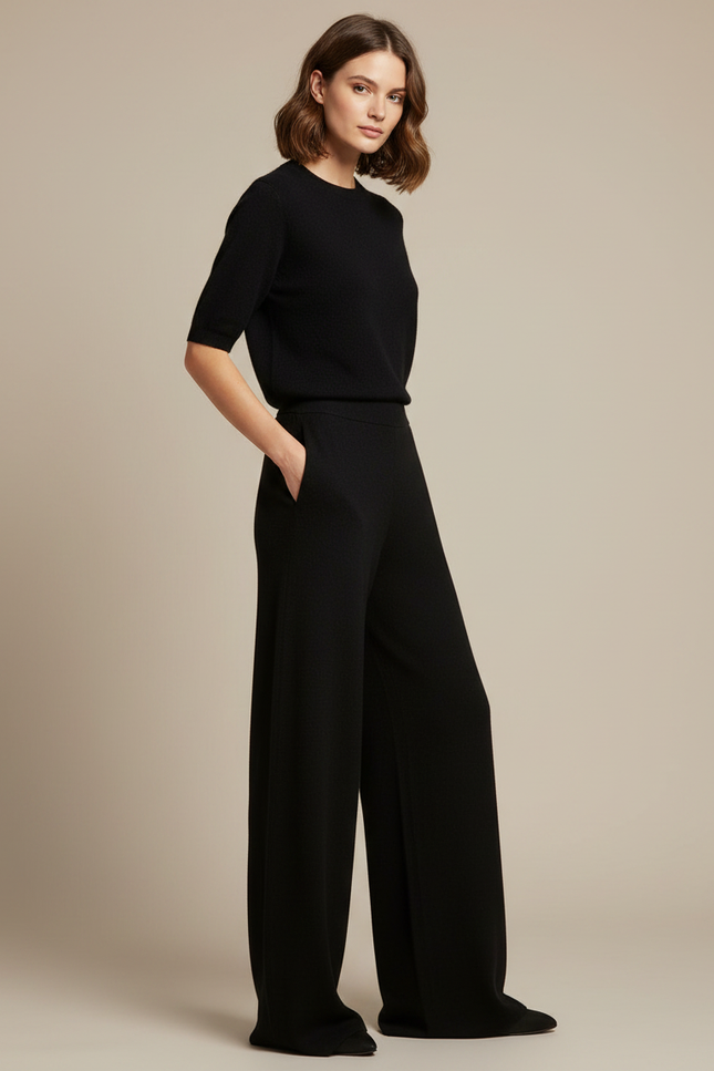 Pantalon Fluide Noir Ample Maille Élégant Femme