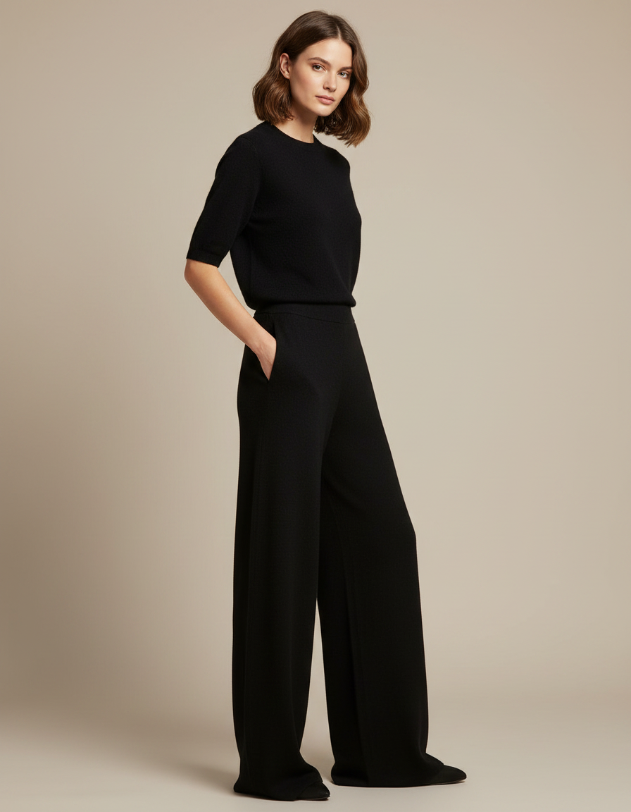 Pantalon Fluide Noir Ample Maille Élégant Femme