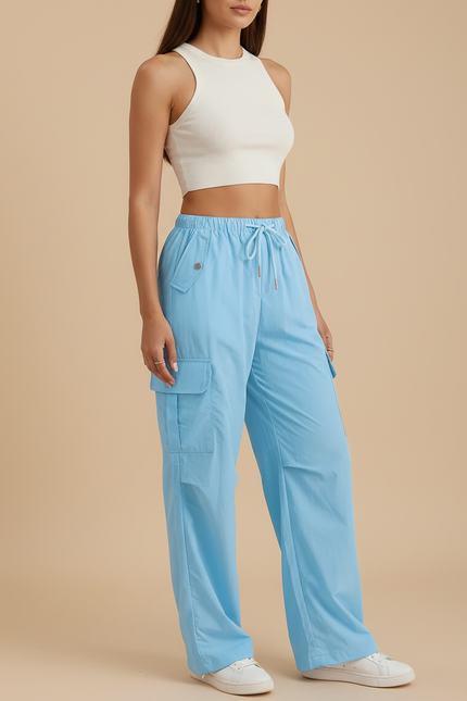 Pantalon Fluide Bleu Ciel Cargo Ample Confortable Femme - Polyester