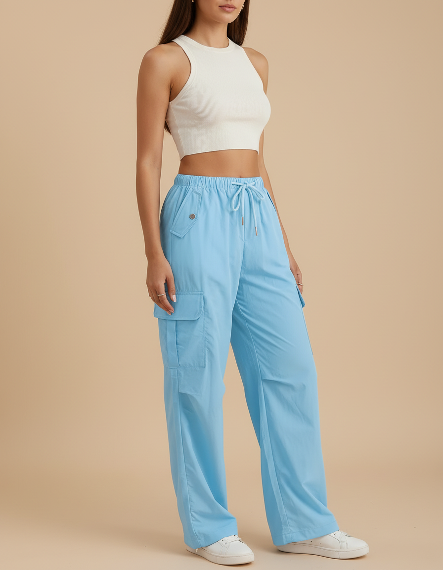 Pantalon Fluide Bleu Ciel Cargo Ample Confortable Femme - Polyester
