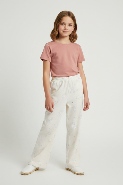 Pantalon Fluide Écru Imprimé Ample Décontracté Enfant - Beige Molleton