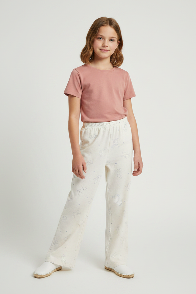 Pantalon Fluide Écru Imprimé Ample Décontracté Enfant - Beige Molleton