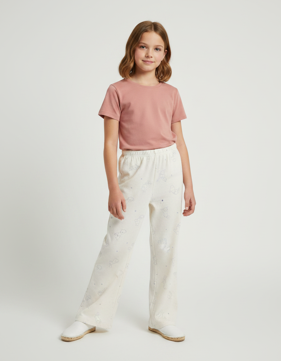 Pantalon Fluide Écru Imprimé Ample Décontracté Enfant - Beige Molleton