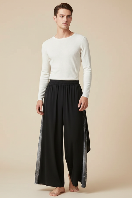 Pantalon Fluide Noir Ample Imprimé Chinois Danse Homme - Polyester