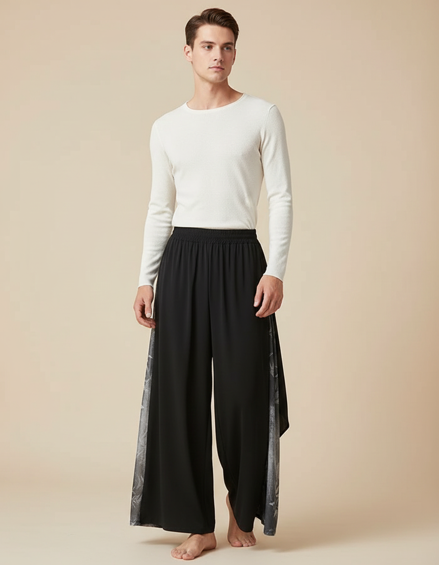 Pantalon Fluide Noir Ample Imprimé Chinois Danse Homme - Polyester