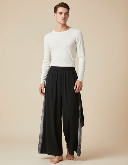 Pantalon Fluide Noir Ample Imprimé Chinois Danse Homme - Polyester
