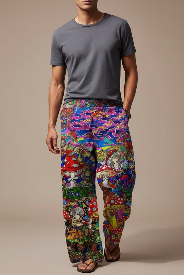 Pantalon Fluide Ample Imprimé Champignons Coloré Homme - Multicolore Viscose